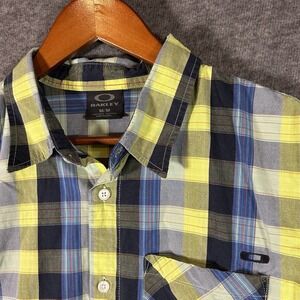 Oakley Mens Button Down Shirt M Yellow Blue Plaid Short Sleeve 100% Cotton